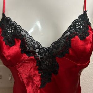 Frederick's of Hollywood Red Satin Chemise with Black Lace